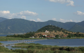 The small island of Agios Achilios at the small Prespa lake